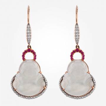 Laughing Buddha Jade Earrings with Pink Sapphires