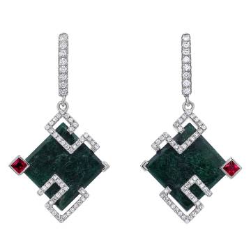Zheng Natural Jade, Diamond and Ruby Earrings